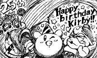 Miiverse artwork accompanying the KIRBYBIRTHDAY and "Happy birthday, Kirby" passwords