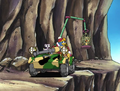 King Dedede and Escargoon attempt to capture Dyna Blade's chick using a robotic arm and a cage.