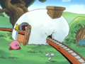 King Dedede's extreme conveyor-belt sushi crashing through Kirby's house