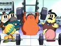 Mabel lifting a heavy weight before the others