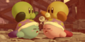 Two different Kirbys piggybacking their respective Sleep Kirbys and looking at each other