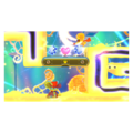Heroes in Another Dimension credits picture from Kirby Star Allies, featuring Spinni cutting a platform rope for Daroach