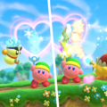 Tip image of a Chilly and Waddle Doo giving Sword Kirby the Blizzard and Zap Power Effects respectively from Kirby Star Allies
