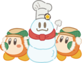 Two Waddle Dees making a Chef Kawasaki snowman, used for the story of Kirby Café during the Winter 2021 event