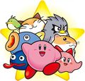 Group artwork of the main cast for Kirby's Dream Land 3, featuring Gooey