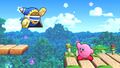Screenshot of Kirby waving at Helper Magolor after he saves him from a bottomless pit