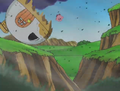 Kirby's house being blown away when Dyna Blade passes through