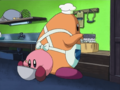 Kirby helps Chef Kawasaki prepare the meal.