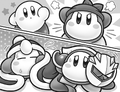 The costume drops from the disguised Waddle Dees from Kirby Fighters: The Destined Rivals!!.