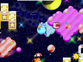 Kirby floats up towards the moon.