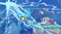 Main Mode credits picture from Kirby's Return to Dream Land Deluxe, featuring Ultra Sword Kirby attacking Waddle Dees, Bronto Burts, and a Puppet Waddle Dee