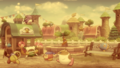 Broom Hatter, Rick, Kine, Coo, and Bandana Waddle Dee congregate around Magolor's Shoppe