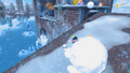 Slipping by large snowballs on the swaying buildings