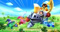 Artwork featuring all four roles of Kirby fighting a Kibble Blade