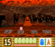 Kirby about to battle Magman in Kirby 64: The Crystal Shards