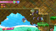 Coo using the "Cutter Coo" move to slice a rope in Kirby Star Allies