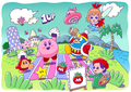 Waddle Dee with an Onigiri in his head in the "A Delicious Picnic" Celebration Picture from Kirby Star Allies