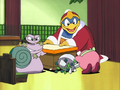 Dedede and Escargoon sabotage Kirby by moving the table.