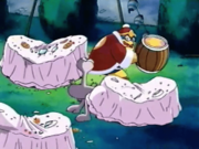 King Dedede - now freed from the monster's influence - takes his revenge on Escargoon.