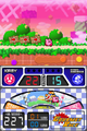 The lower screen in Gourmet Race features a progress bar showing Kirby and King Dedede's relative positions, in addition to information about the score.