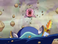 Kirby attempts to inhale Meta Knight.