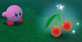 Kirby standing near some cherries in Kirby and the Forgotten Land