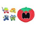 Set of four Kirby plushies from the Kirby Battle Royale merchandise line, featuring a special Maxim Tomato plush