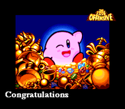 Perfect ending for The Great Cave Offensive in Kirby Super Star, showing Kirby with his treasure