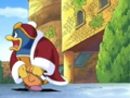 King Dedede jumps on top of Captain Waddle Doo in his fright.