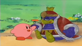 Kirby offers King Dedede a hot dog.