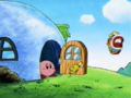Tokkori punts the doll out of Kirby's House.