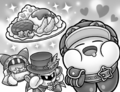 Illustration of Kirby being distracted by the amount of food he will gain from the prize money from Kirby and the Search for the Dreamy Gears!