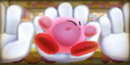 Credits picture of Kirby hitting the fourth wall due to the Springy Hands, from Kirby: Triple Deluxe