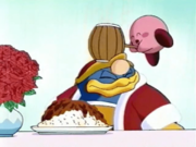 Kirby takes another few good swings at King Dedede during the party.
