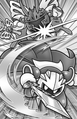 Illustration of Meta Knight defeating Morpho Knight with his Galactic Counter from Kirby: Meta Knight and the Knight of Yomi