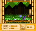 Kirby battles Bugzzy in a grassy room.