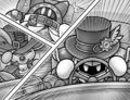 Illustration of Magolor being scared from Meta Knight's driving from Kirby and the Search for the Dreamy Gears!.