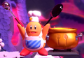 Kawasaki as a Friend pulling out his cooking pot in Kirby Star Allies