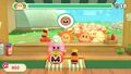 Kirby serving a Maxim Tomato to a Waddle Dee customer at the Waddle Dee Café in Kirby and the Forgotten Land