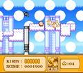 Kirby dispatches a Waddle Dee with his fiery breath along the cloud walkway.
