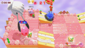 Kirby getting grabbed by one of the Server Hands using tongs in a Battle Royale