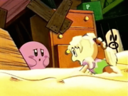 Tiff tries to get Kirby to inhale Belly Buster, but he refuses.