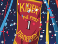 Kirby unfurls a banner commemorating his first year in Dream Land.