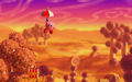 Parasol Kirby drifting in the air in Kirby Star Allies