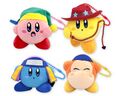 Mascot plushies from the Kirby Battle Royale merchandise line, featuring a blue Ninja Kirby