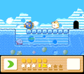Kirby sinks into the water while deciding which friend to take with him.