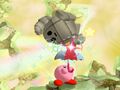 Parasol Kirby tossing a Golem in Kirby for Nintendo GameCube