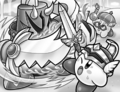 Sword Hero Kirby struggling to fight against Ignite Edge, in Kirby: Super Team Kirby's Big Battle!