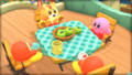 Picture of the main mode credits, showing Kirby, two Waddle Dees, and an Awoofy having a snack atop the café