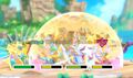All four Super Kirby Clash classes guarding, including the Sword Hero and its shield ability
